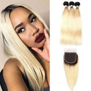 Blonde #613/T1B-613 Virgin Hair Extensions 3 Bundles with 4x4 Closure